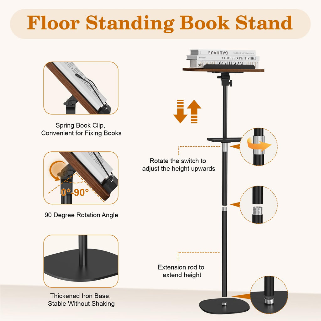 Adjustable Wooden Floor Book Stand With Tray