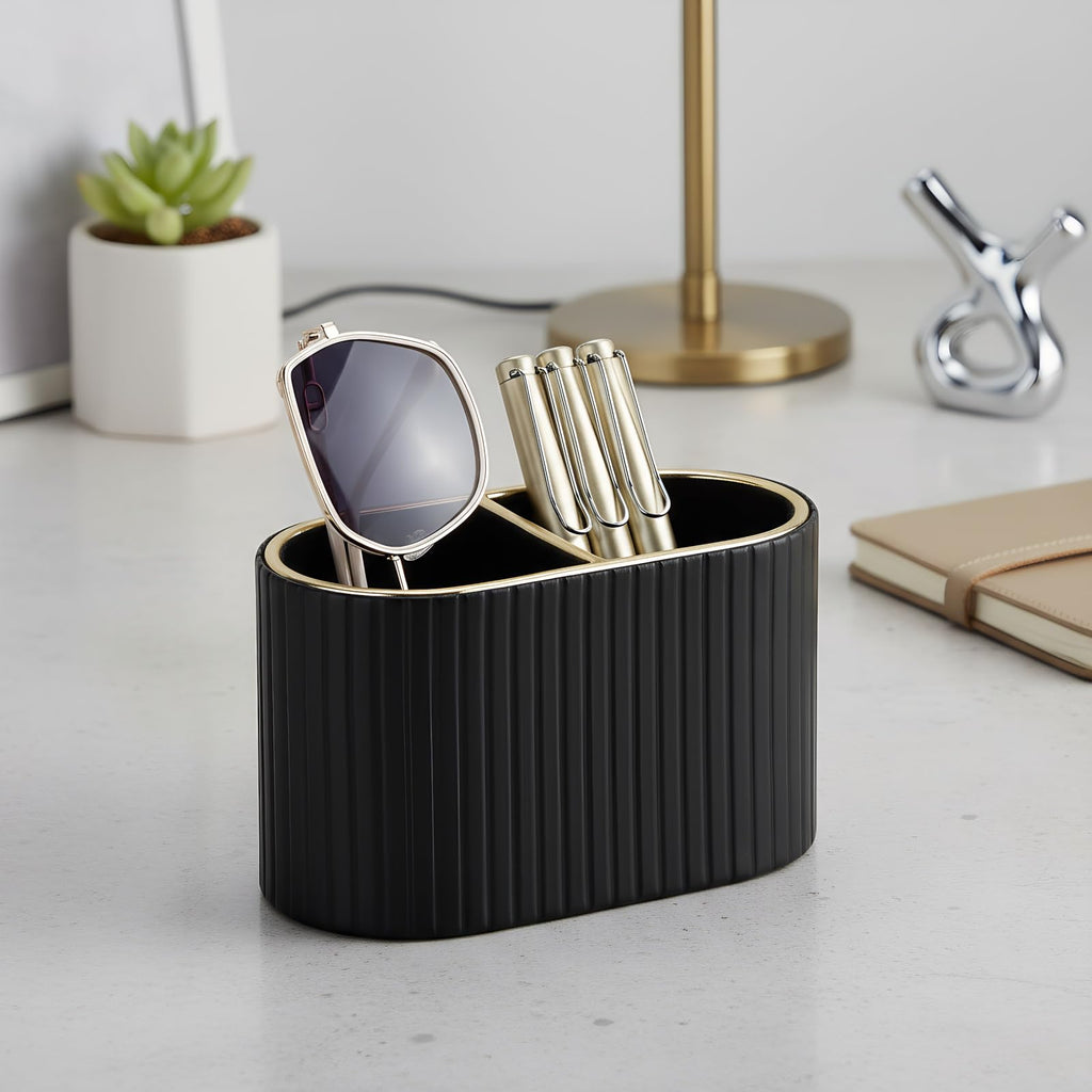 PU Leather Dual-Compartment Pen Holder
