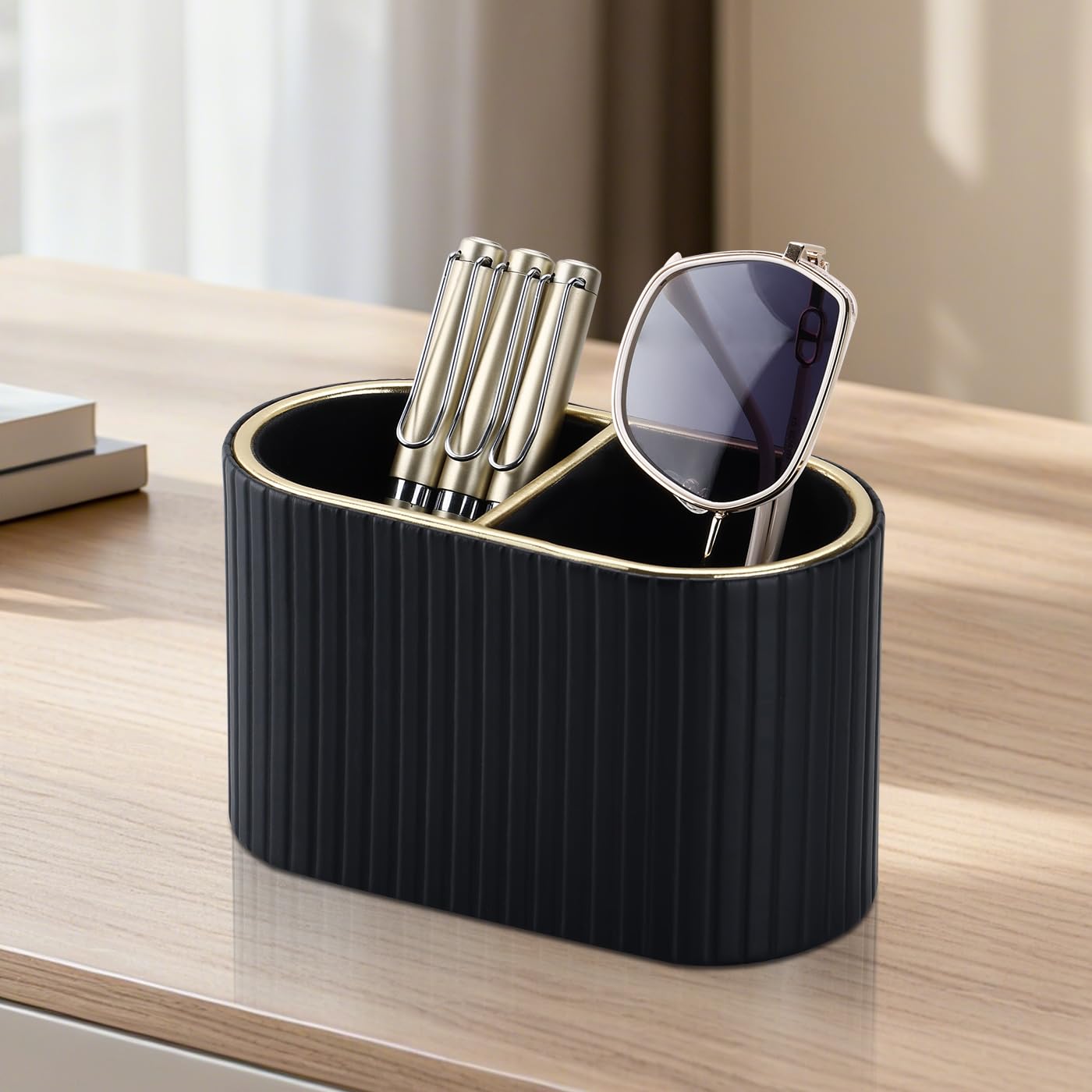 PU Leather Dual-Compartment Pen Holder