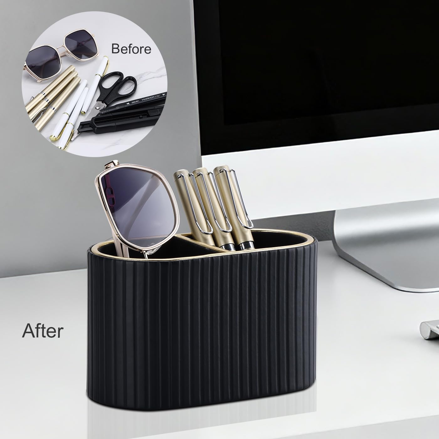 PU Leather Dual-Compartment Pen Holder