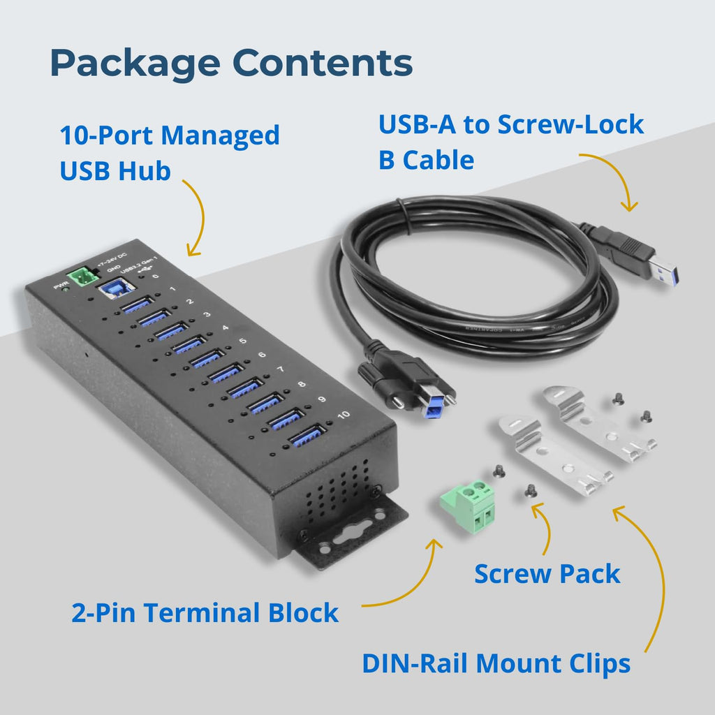 10-Port Industrial USB Hub With Screw Lock Ports