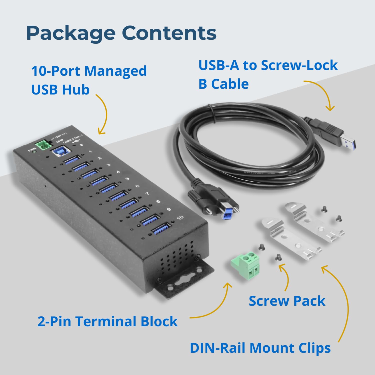 10-Port Industrial USB Hub With Screw Lock Ports