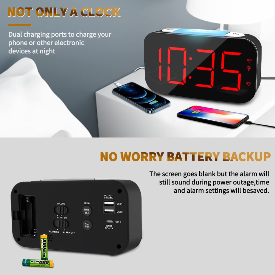 Digital Alarm Clock With USB Charging Ports