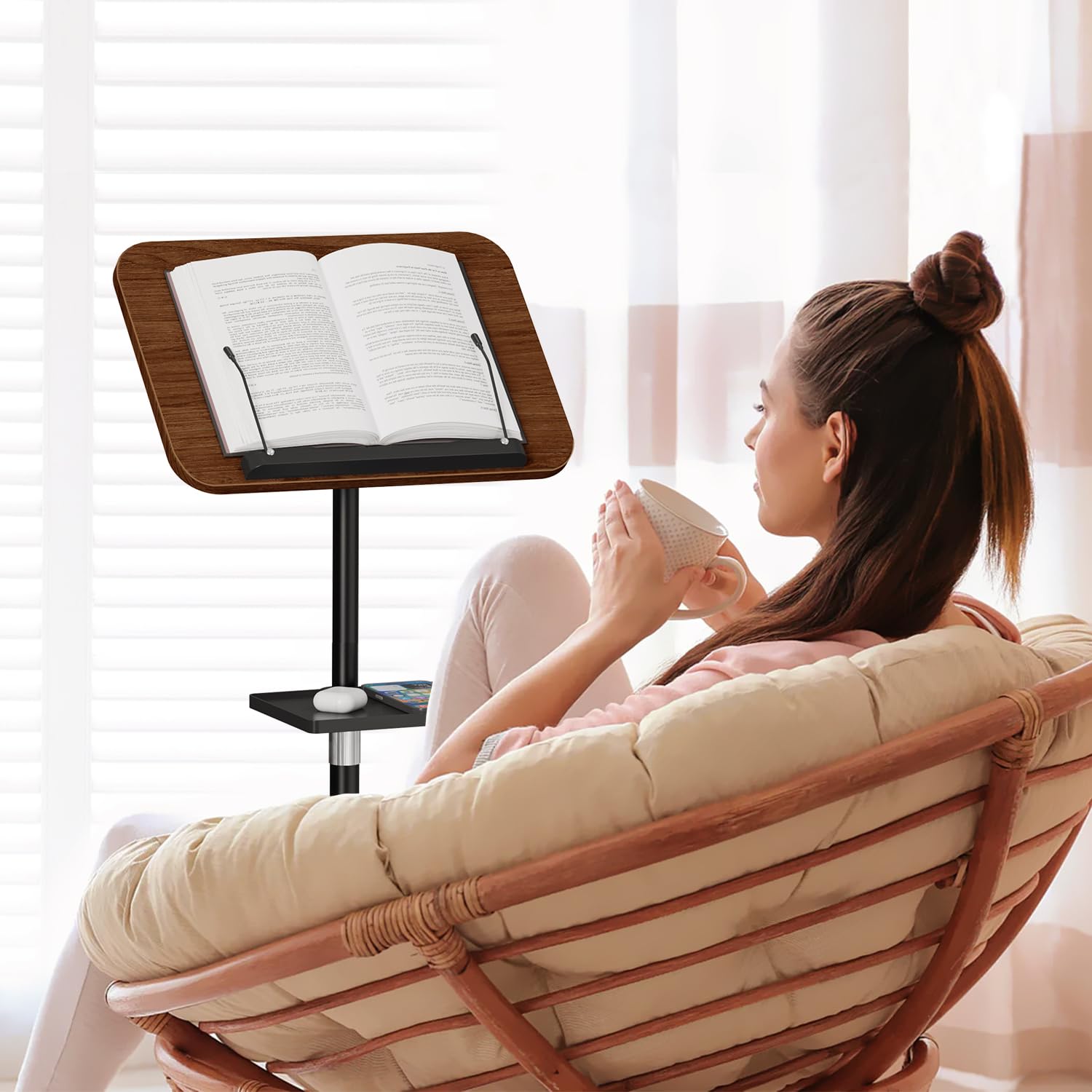 Adjustable Wooden Floor Book Stand With Tray