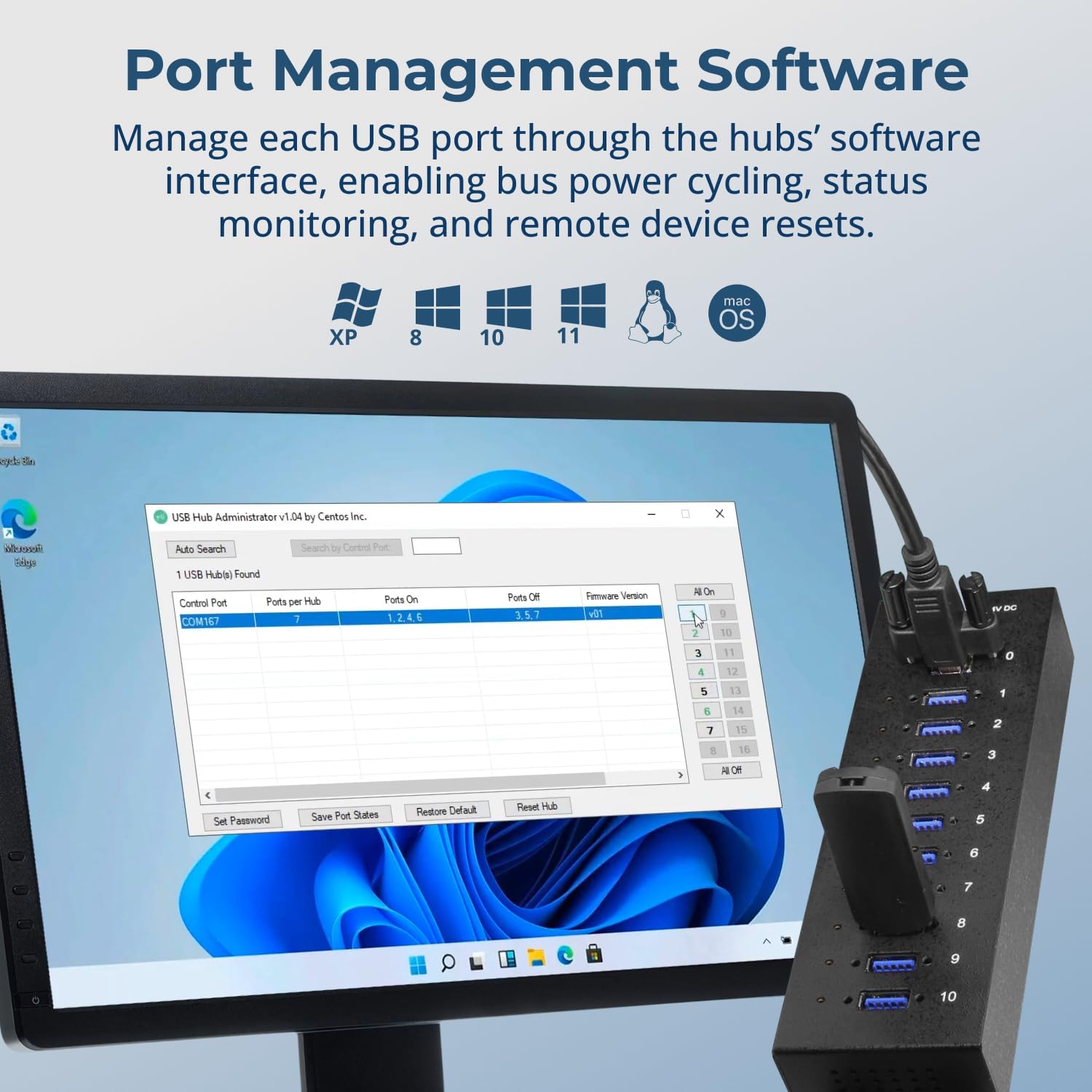 10-Port Industrial USB Hub With Screw Lock Ports
