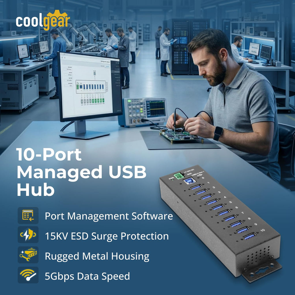 10-Port Industrial USB Hub With Screw Lock Ports
