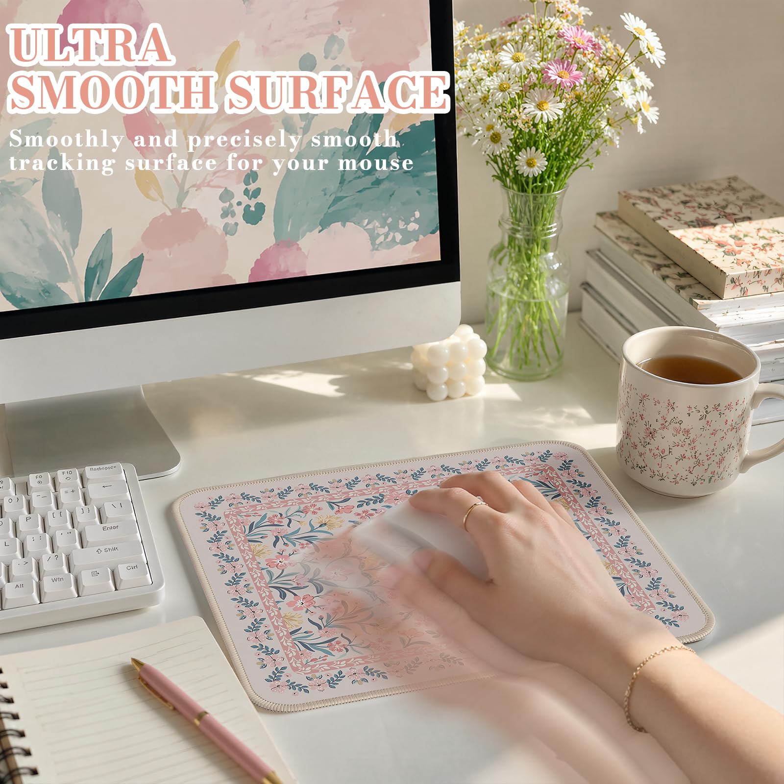 Floral XXL Desk Mat With Stitched Edges