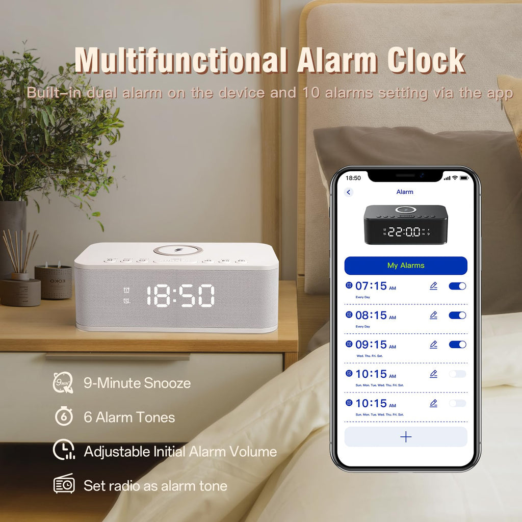 Bluetooth Alarm Clock Radio With White Noise