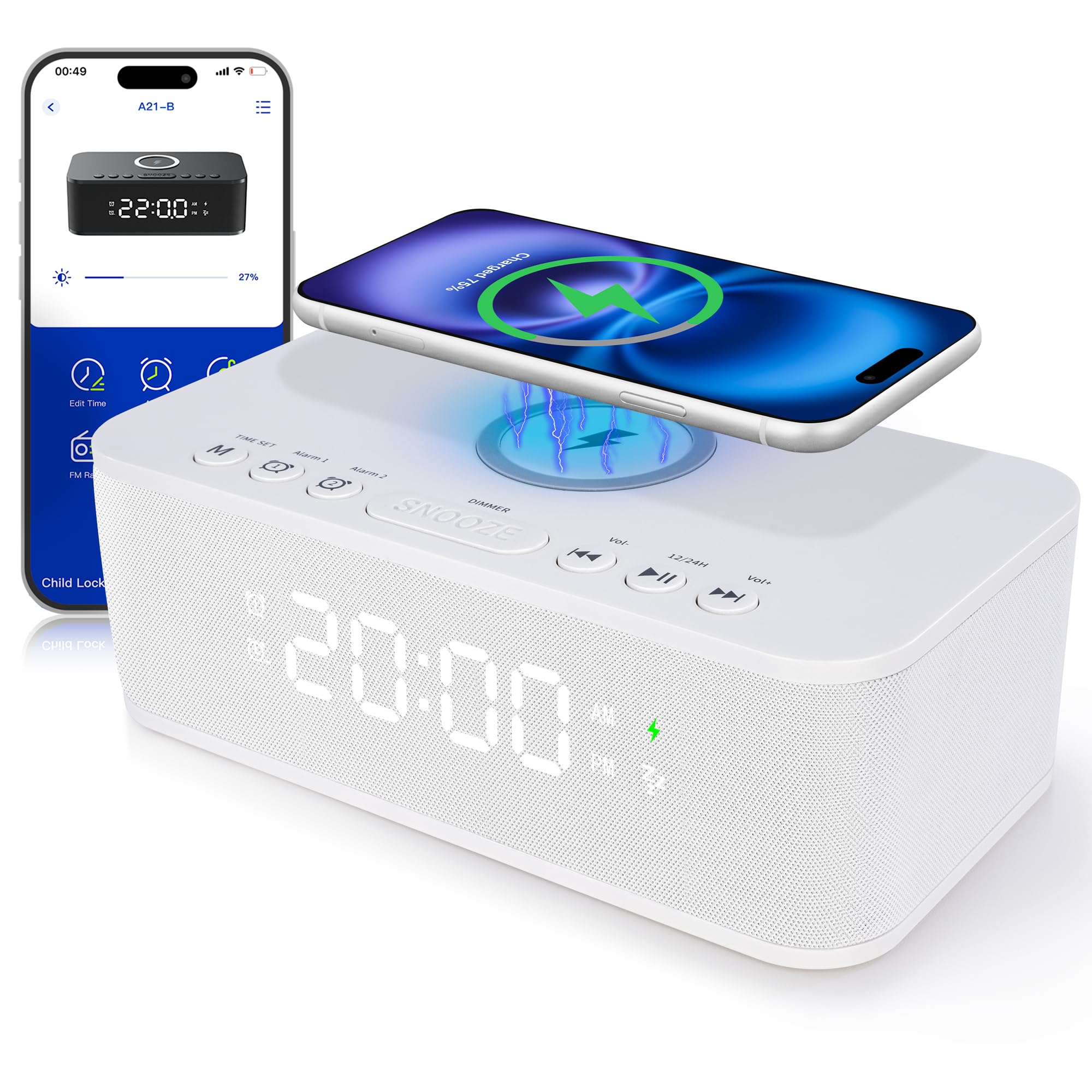 Bluetooth Alarm Clock Radio With White Noise