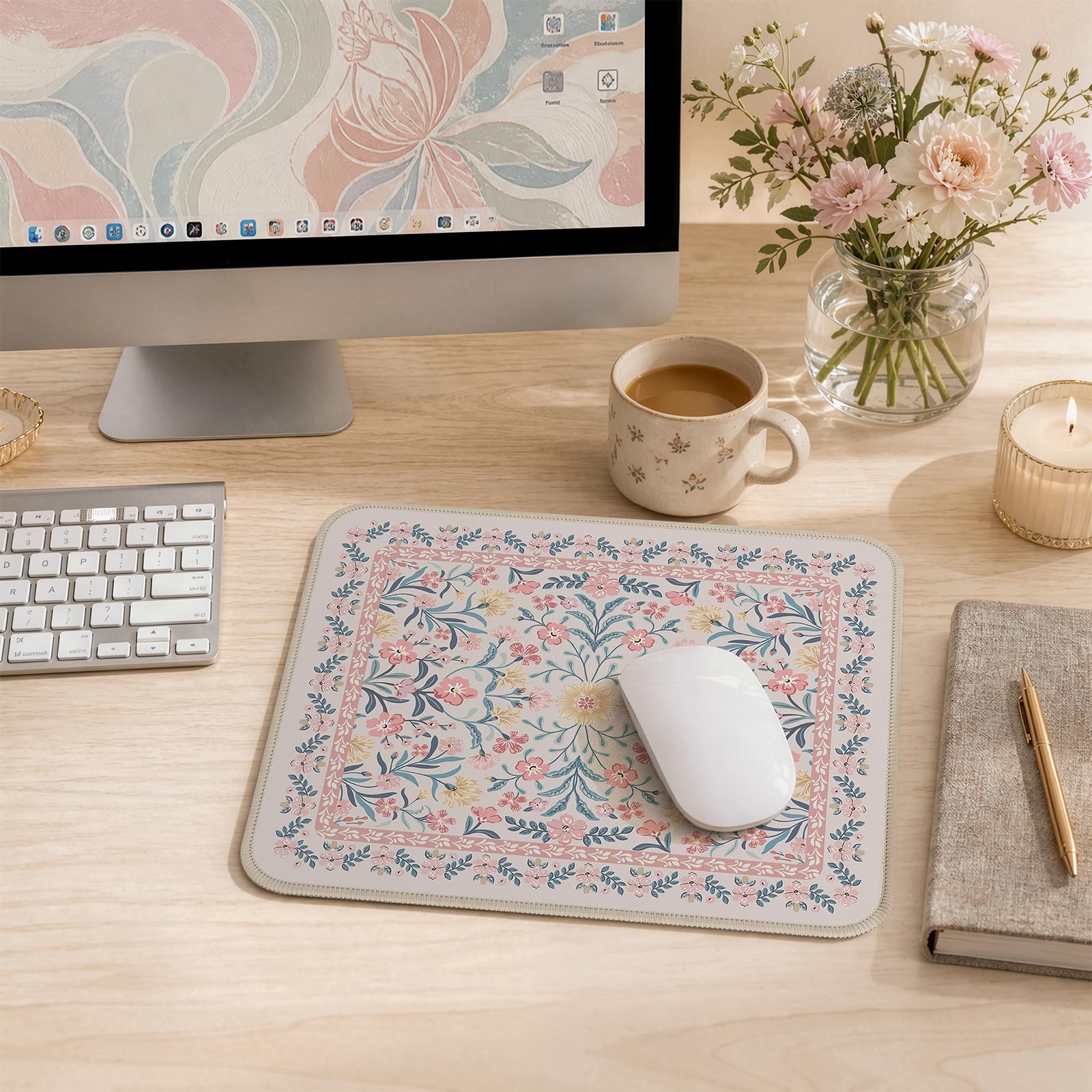 Floral XXL Desk Mat With Stitched Edges