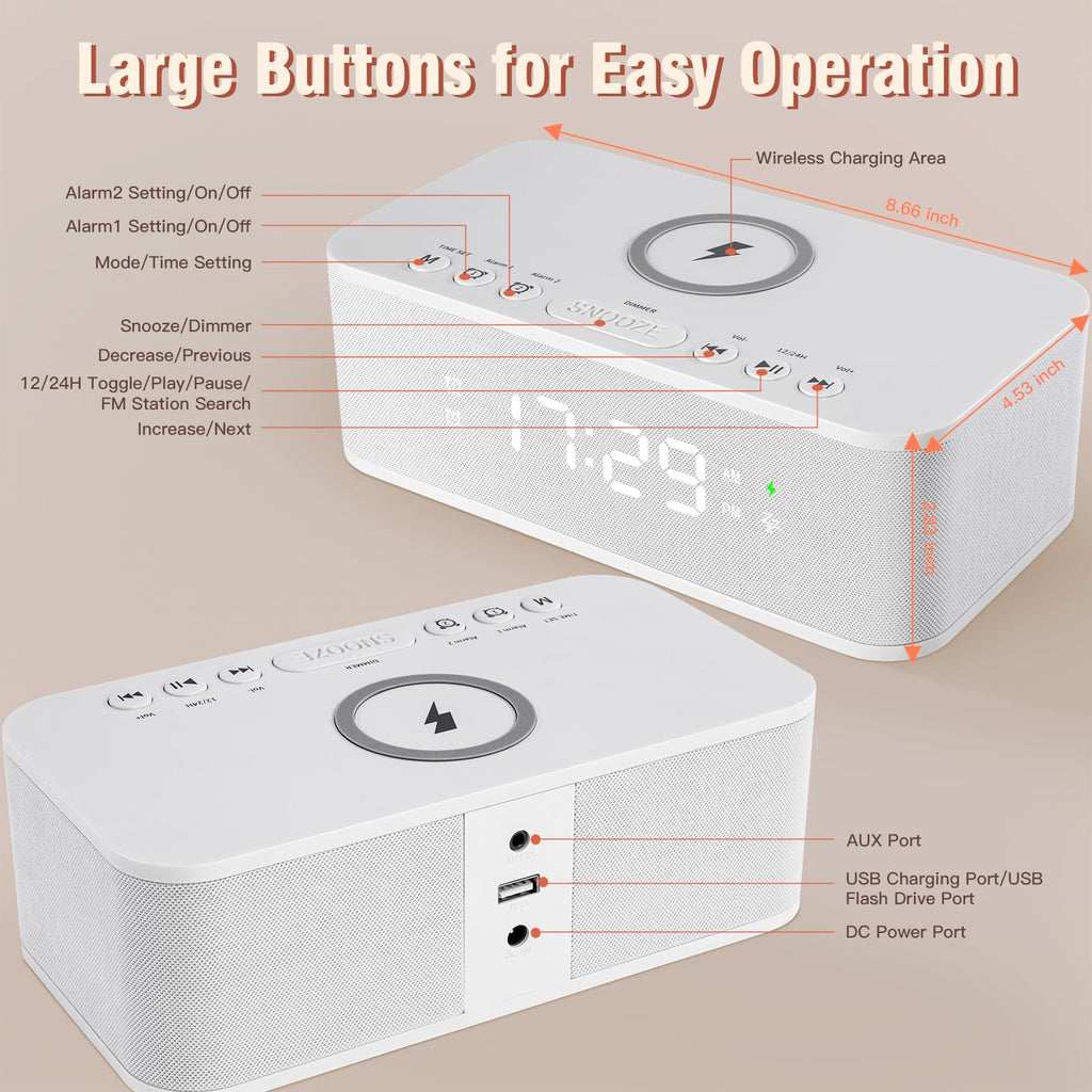 Bluetooth Alarm Clock Radio With White Noise