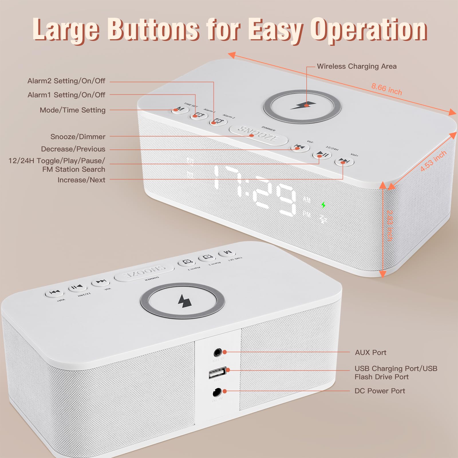 Bluetooth Alarm Clock Radio With White Noise