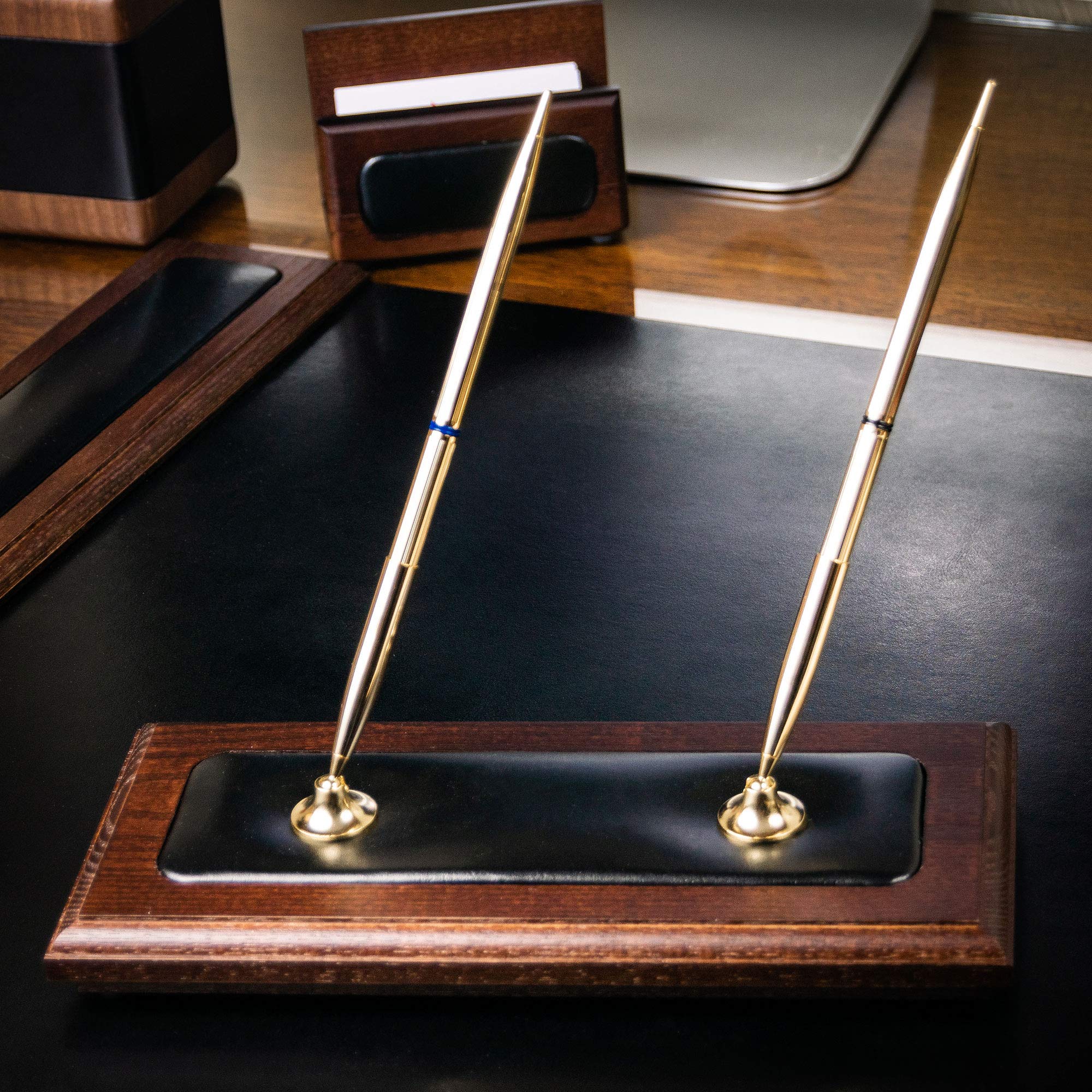 Walnut And Leather Executive Pen Holder Set